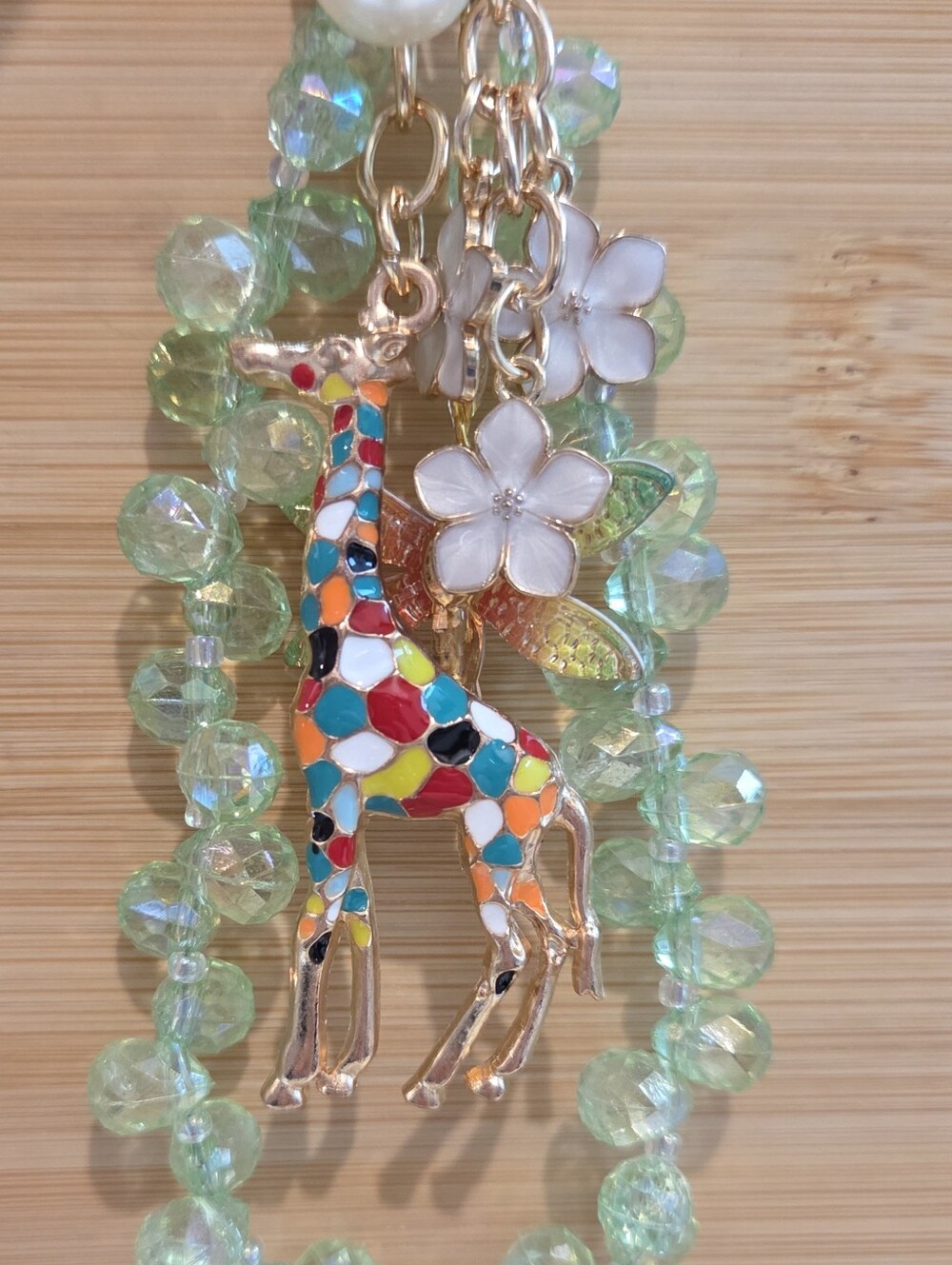 Whimsical Enameled Giraffe Dragonfly Bag Charm Keychain Green Beaded Wristlet - Picture 10 of 16